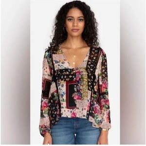 Johnny Was Jade Roswell Pieced Blouse Pink Black Lace Patchwork Floral Top L
